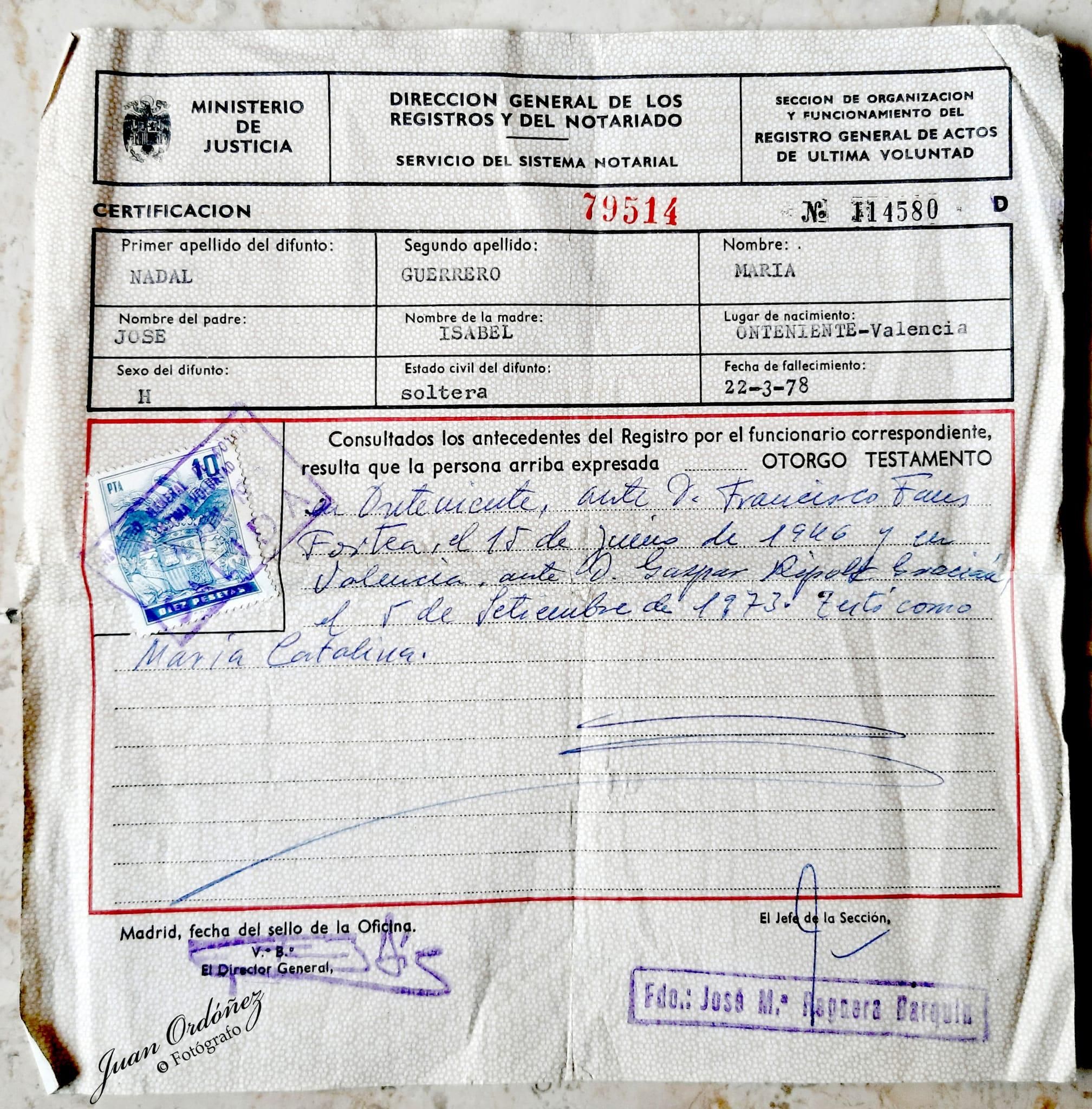 Certificado de últimas voluntades | Archivo de Juan Ordóñez Bazán