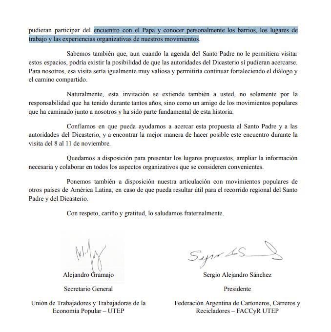 La carta del gremio de la economía popular y los cartoneros al Papa.