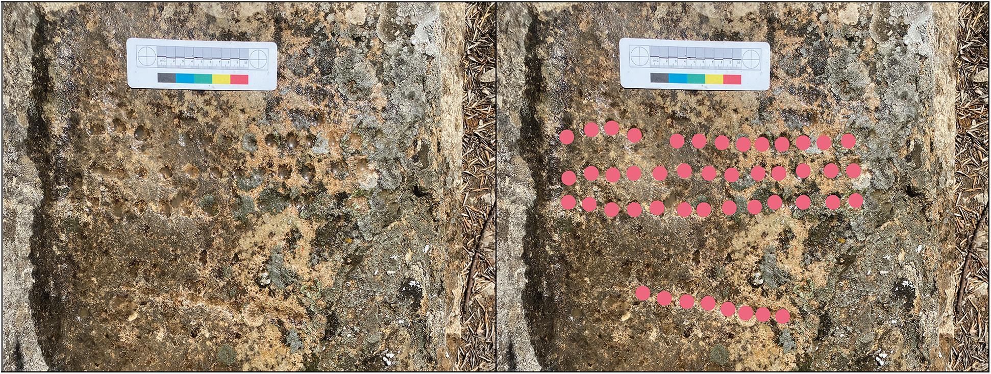 El tablero de juego en el hammam de Walīla (izquierda), con marcas que muestran la posición de los agujeros (derecha) (Proyecto Arqueológico INSAP-UCL Volubilis).