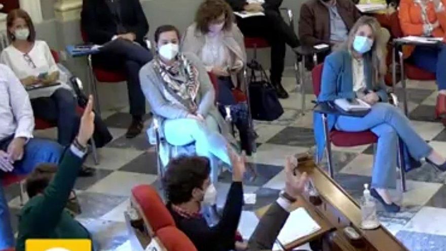 El ex concejal de Vox en Badajoz realiza el saludo fascista para negarse a condenar las amenazas a políticos. En la imagen, dos concejales de Cs, entre ellos el portavoz, Ignacio Gragera, también votan en contra