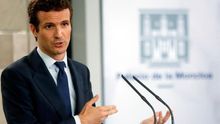 Pablo Casado, durante su rueda de prensa en Moncloa.