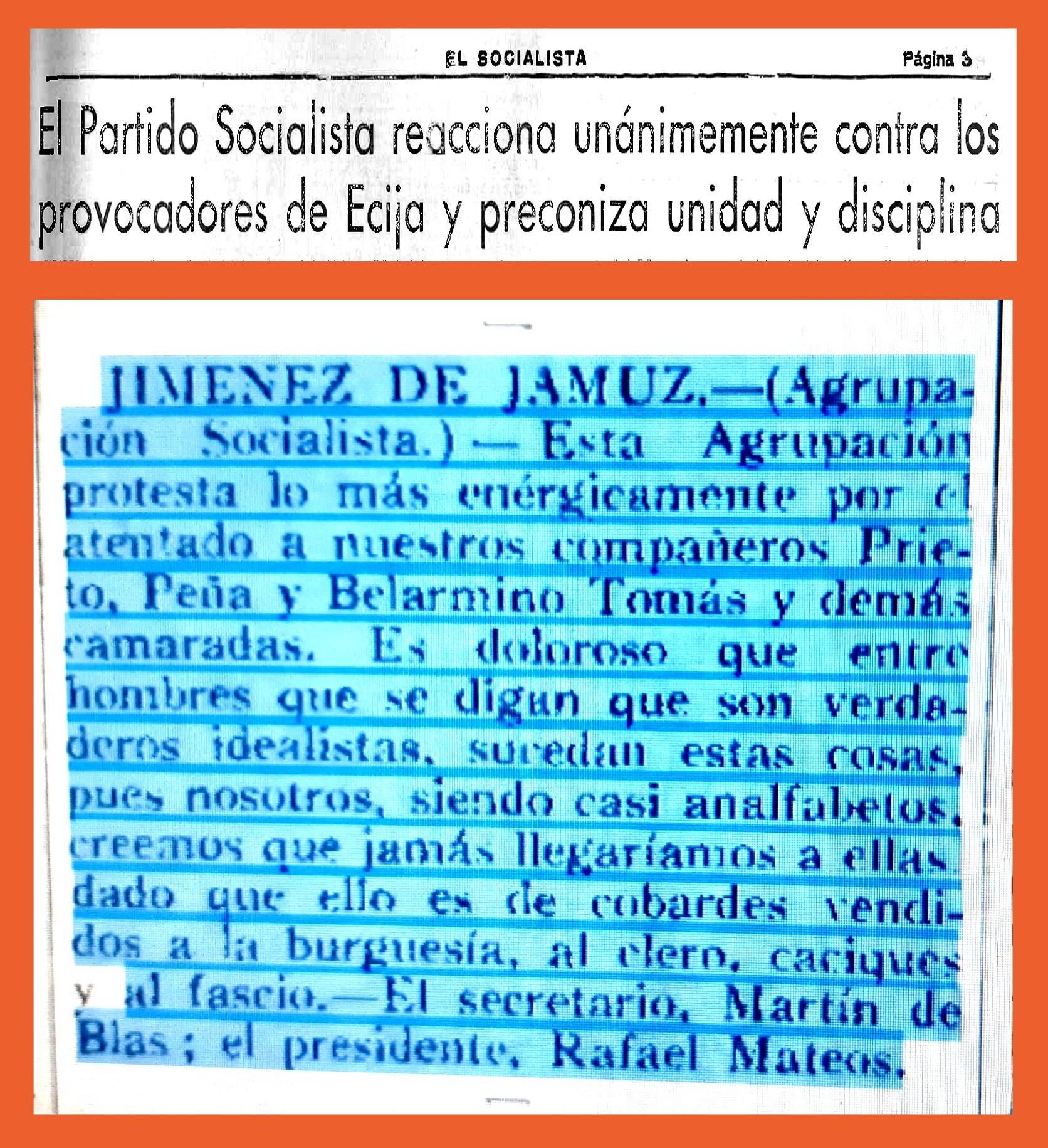 Escrito rubricado por Martín de Blas Ferrero y Rafael Mateos Cela. El Socialista, 09-06-1936.