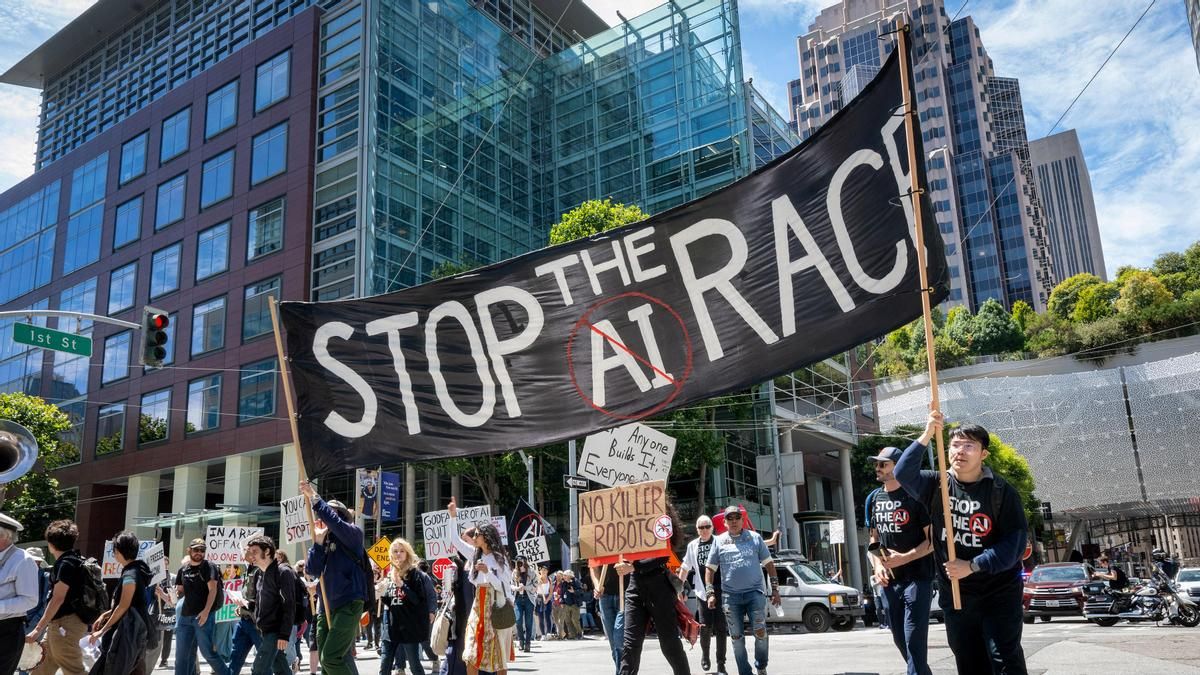 Protesta 'Parar la carrera de la IA (Stop the AI Race)' en San Francisco, California, el 11 de julio de 2026.