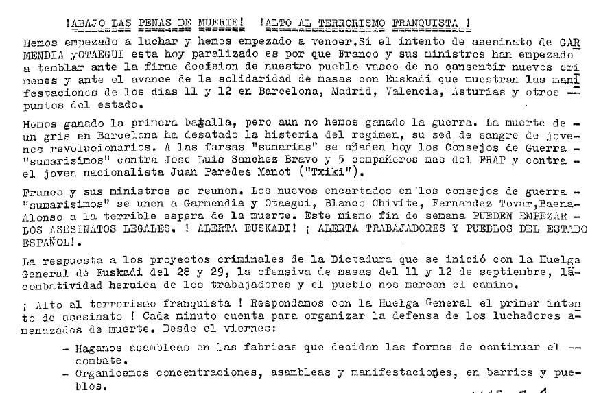"Abajo las penas de muerte, alto el terrorismo franquista"