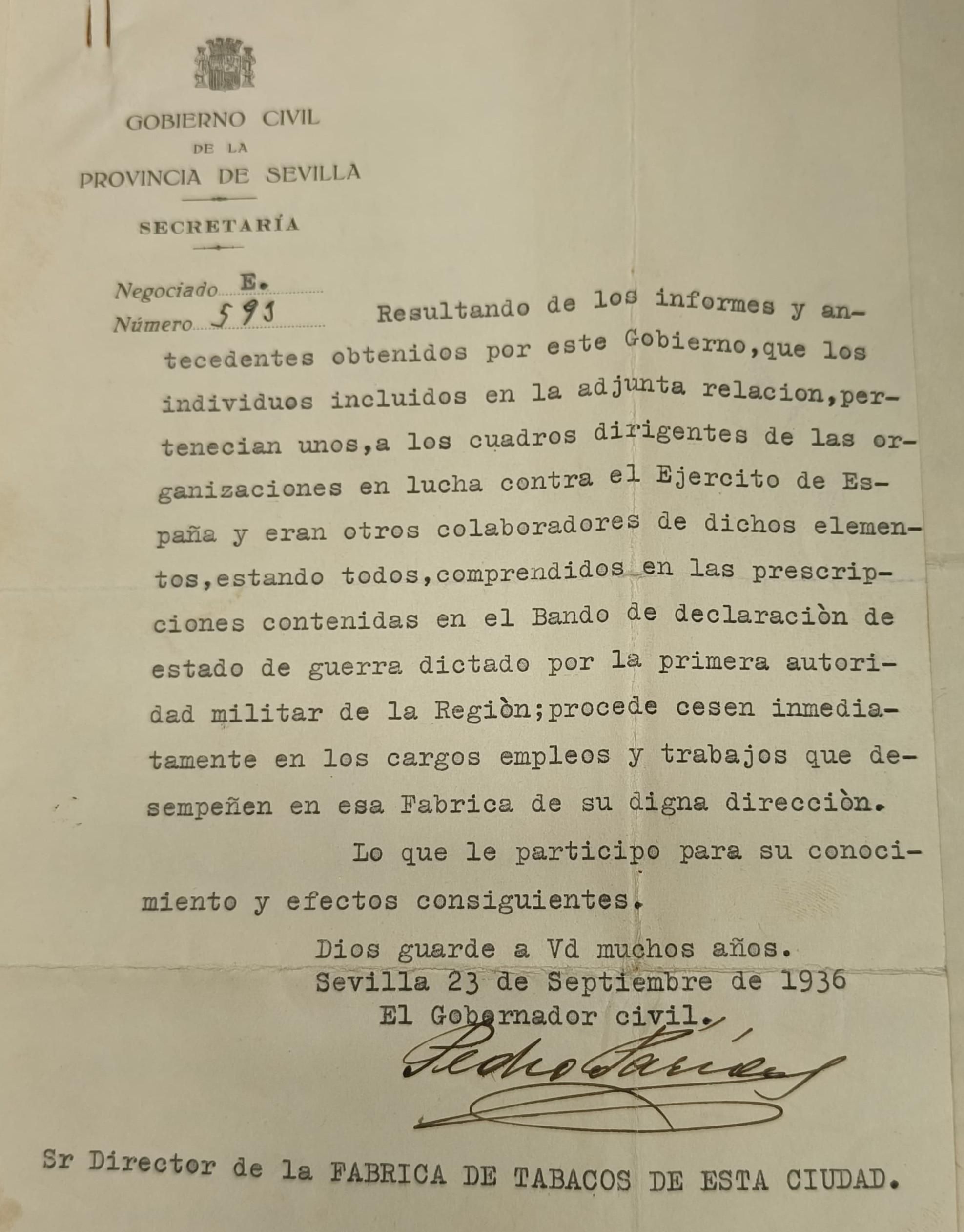 Oficio del gobernador civil en 1936 para la depuración de trabajadores.