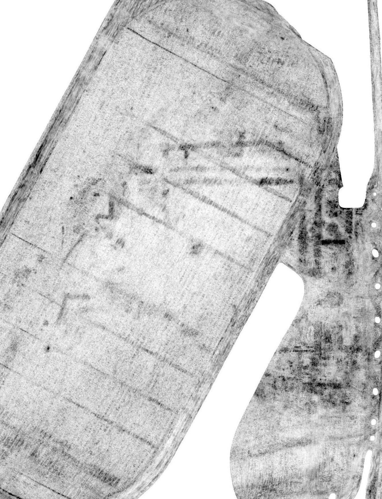 Mapa del terreno con los resultados del GPR. El estudio con radar de penetración terrestre identificó claramente restos de mampostería y estructuras de edificios. Las alas norte y este del monasterio, en particular, parecen estar notablemente bien conservadas, con evidencia de la distribución interna de las habitaciones y el claustro interior