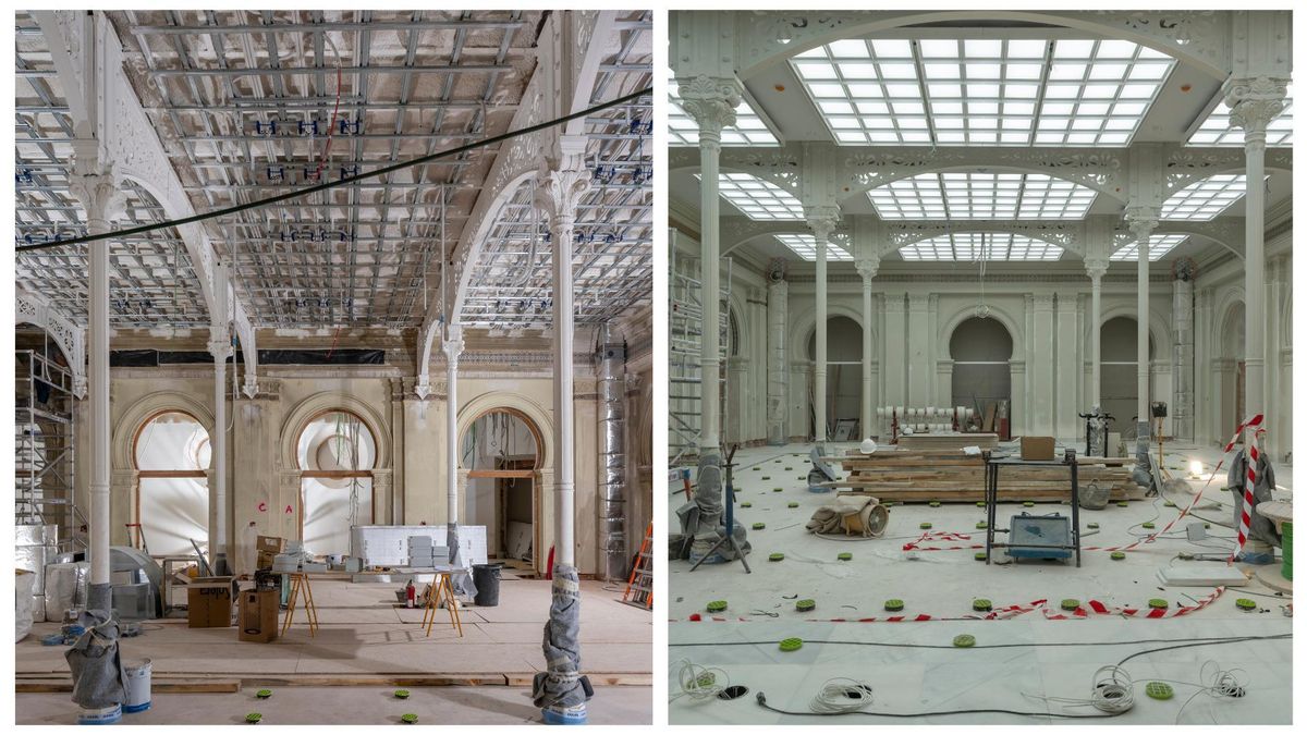Antes y después de la restauración del Salón de Cobradores