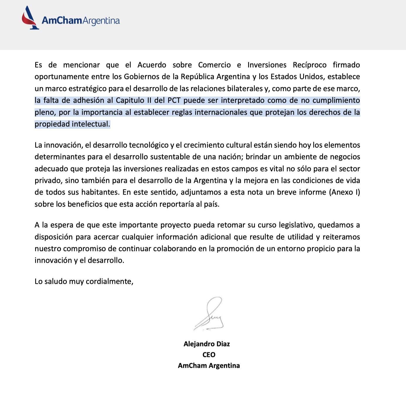 Un extracto del texto de la AmCham enviado a Juliana Santillán.