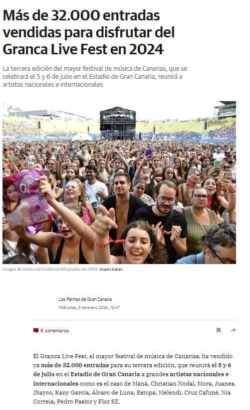 Noticia con más interacciones sobre el GranCa Live Fest