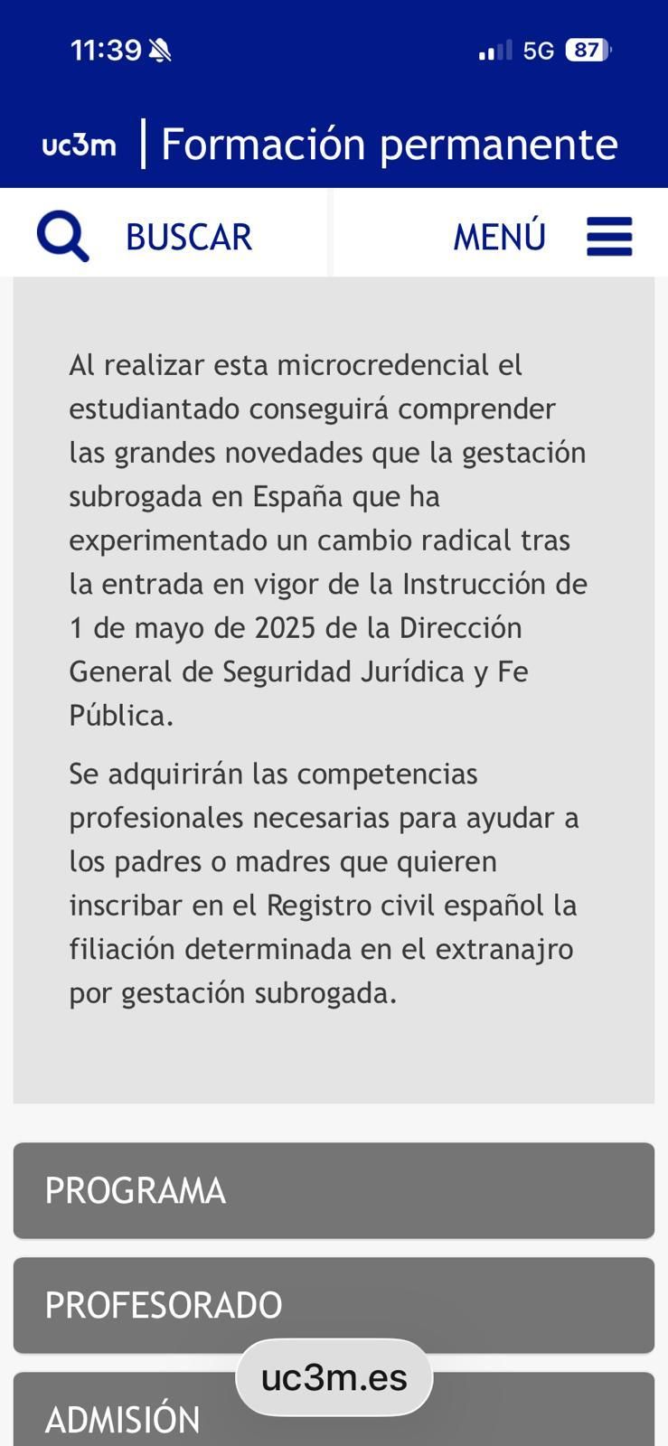 Captura de pantalla de la versión original de la descripción curso sobre gestación subrogada en la Universidad Carlos III