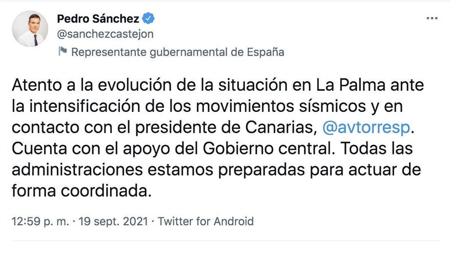 Twitter del presidente del Gobierno de España, Pedro Sánchez.