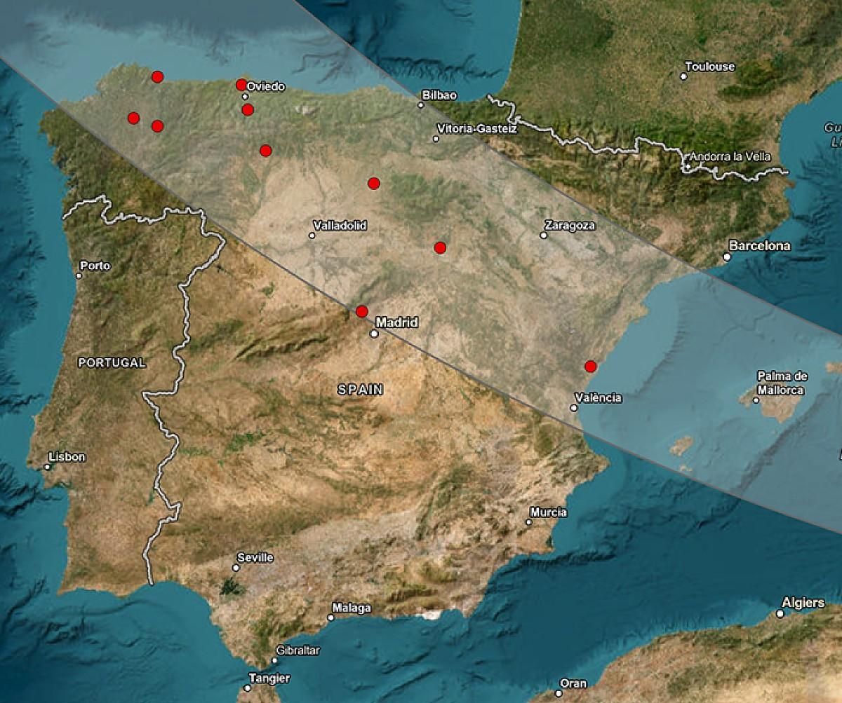Puntos de muestreo de la investigación de los insectos durante el eclipse solar total de 2026.