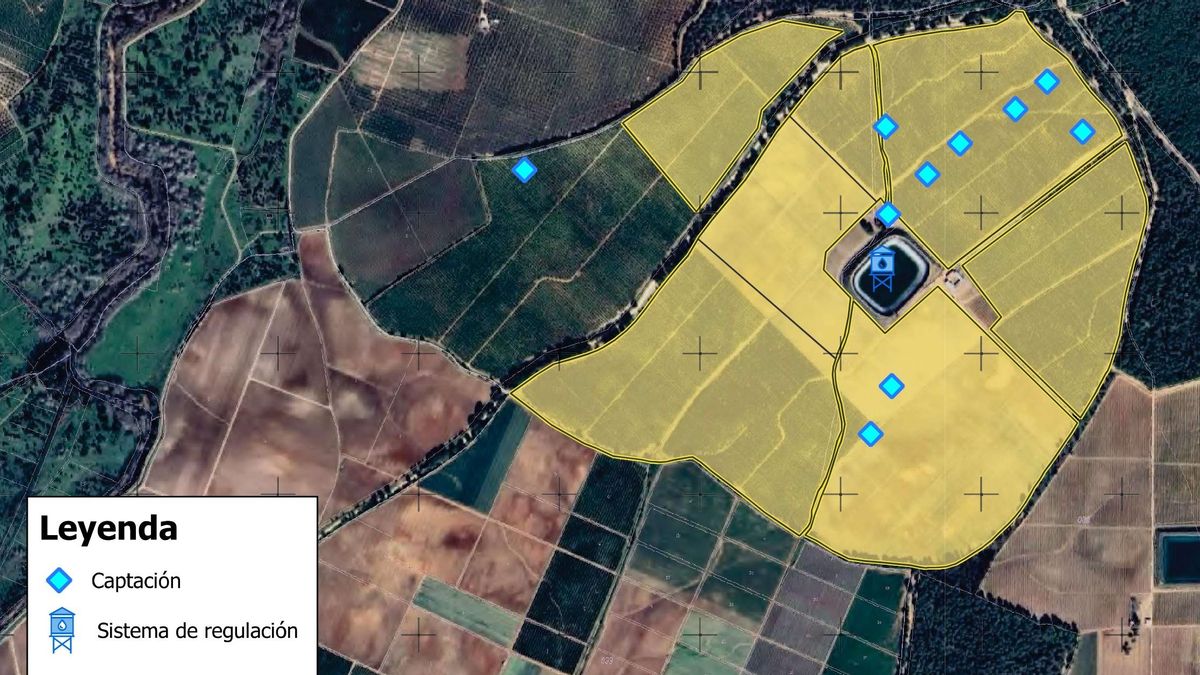 Ubicación de los pozos en la finca Aljóbar, con la balsa de riego en el centro.