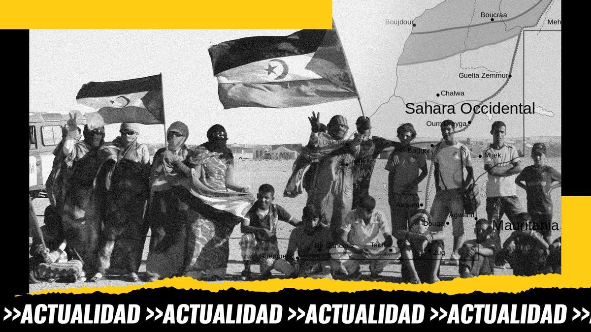 Montaje: saharauis en los campamentos de Tindouf sobre un mapa de las fronteras del Sáhara Occidental