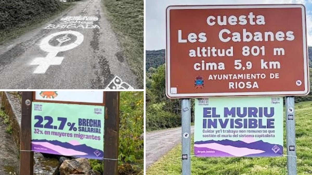 Los carteles reivindicativos de la Brigada Feminista de las cuencas mineras acompañan todo el recorrido hasta la cima de El Angliru.