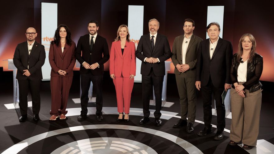 Debate de los candidatos en las próximas elecciones autonómicas de Aragón: Jorge Azcón (PP), Pilar Alegría (PSOE), Alejandro Molasco (VOX), Jorge Pueyo (CHA), Tomás Guitarte (EXISTE), María Goikoetxea (Podemos), Marta Abengochea (IU-SUMAR) y Alberto Izquierdo (PA), este jueves en RTVE Zaragoza.