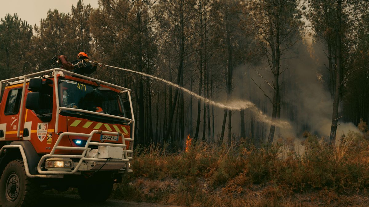 Un equipo de bomberos combate un incendio forestal en Saint-Jean-d'Illac, en el suroeste de Francia, este lunes.