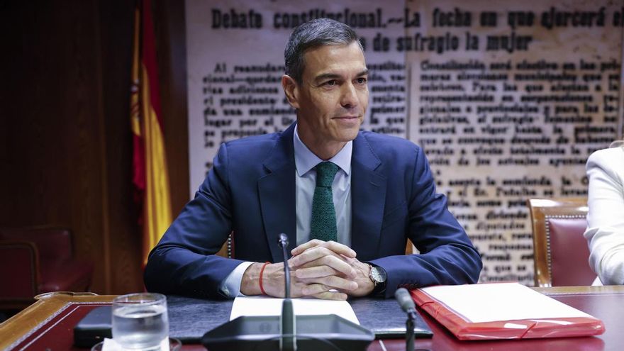 The President of the Government, Pedro Sánchez, moments before his appearance this Thursday before the investigation commission into the Koldo case.