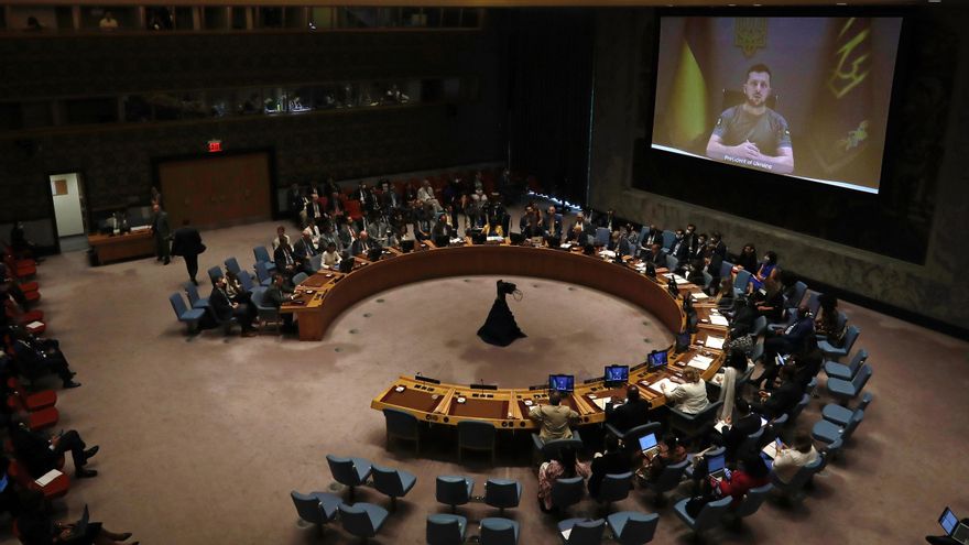 El presidente Ucrania, Volodímir Zelenski, se dirige ante la ONU por videoconferencia.