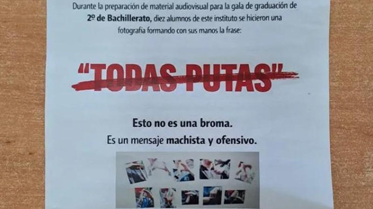 Alumnos de Bachillerato de un instituto de Zaragoza difunden una foto con la frase 'todas putas' y el centro lo condena
