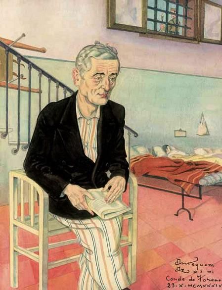 Urabayen leyendo, dibujado en la cárcel de Conde de Toreno por el caricaturista  Pedro Antequera Aizpiri