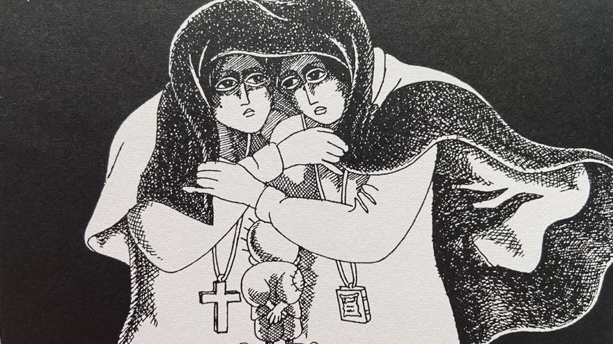 Al-Ali solía representar Palestina como una mujer. Aquí, la Palestina cristiana y la musulmana y el niño Handala entre ambas