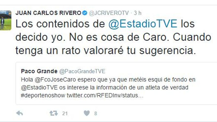 Mensaje de Juan Carlos Rivero en Twitter
