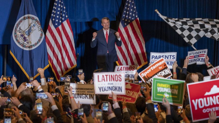 El republicano Glenn Youngkin se dirige a sus seguidores, luego de ganar las elecciones a gobernador del estado de Virginia, en Chantilly (Virginia, EE.UU.) EFE/Ken Cedeno/Pool