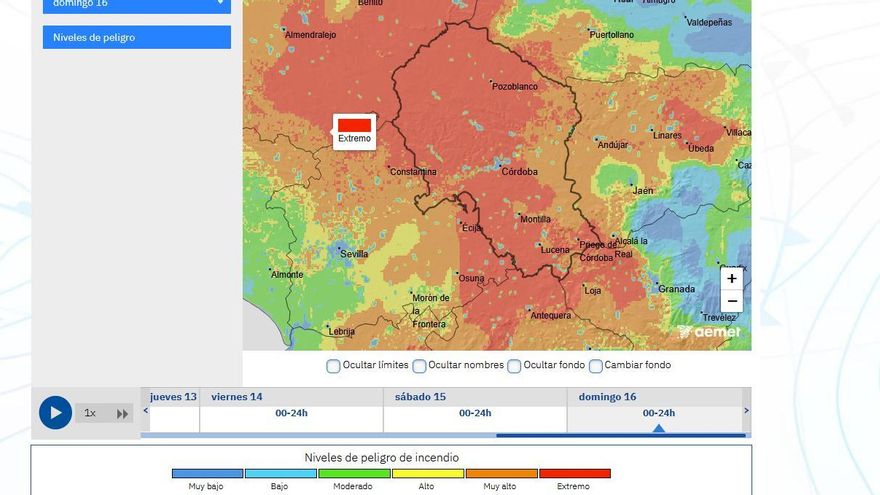 Mapa del riesgo de incendios para el próximo domingo en Córdoba.