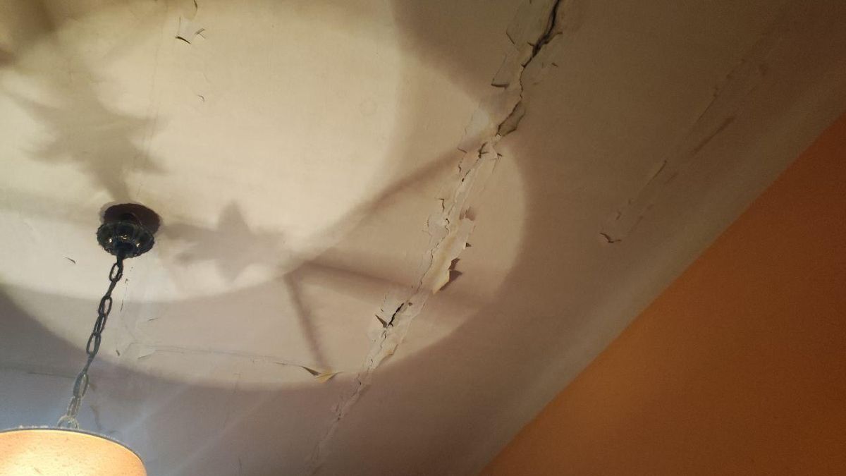 Humedades en el falso techo del salón en la casa de Mariano.