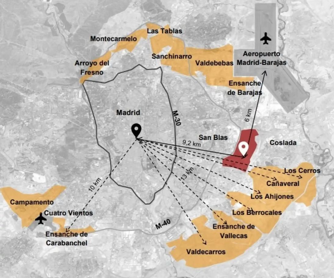Ubicación de la Nueva Centralidad del Este (en rojo) con respecto al resto de desarrollos urbanísticos de Madrid