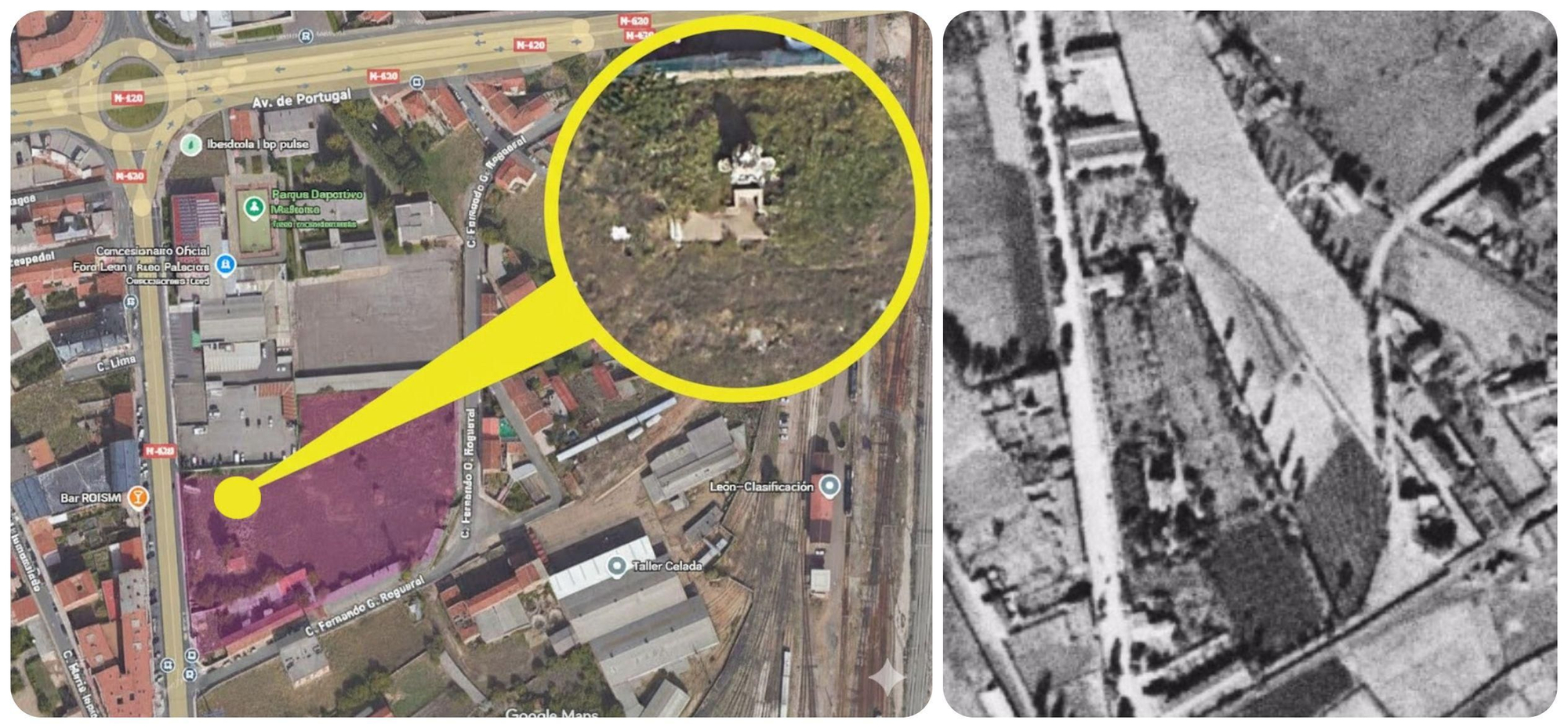 Zona donde estuvo la Fontana de Armunia antes de trasladarla y al lado imagen del vuelo americano de la finca de los Díez-Canseco.