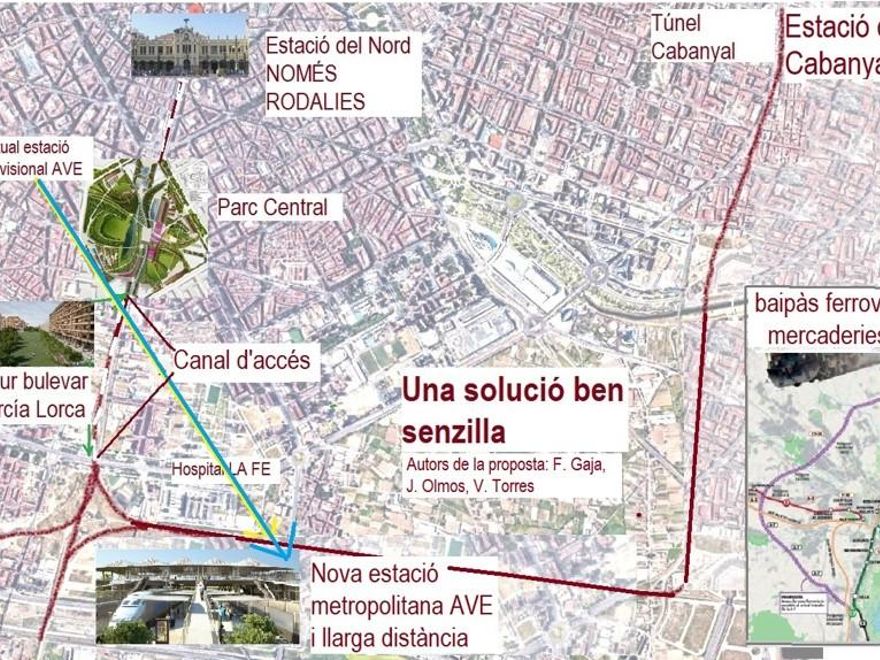 Esquema básico de la propuesta alternativa al proyecto oficial de le red ferroviaria metropolitana de València.