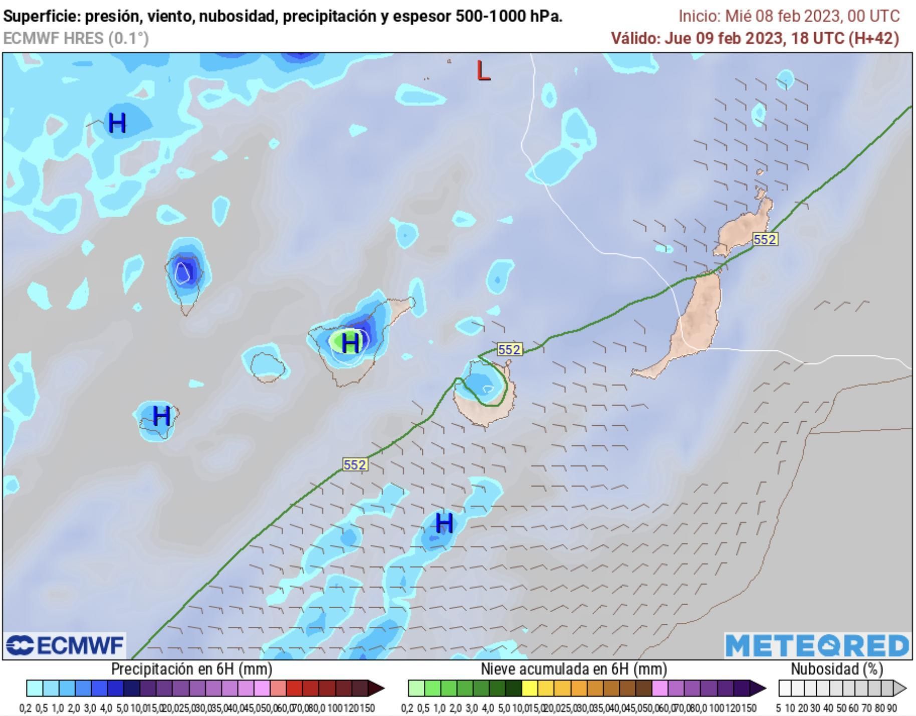 Previsión de precipitación para el jueves, 9 de febrero, a las 18.00 horas, según el modelo europeo ECMWF