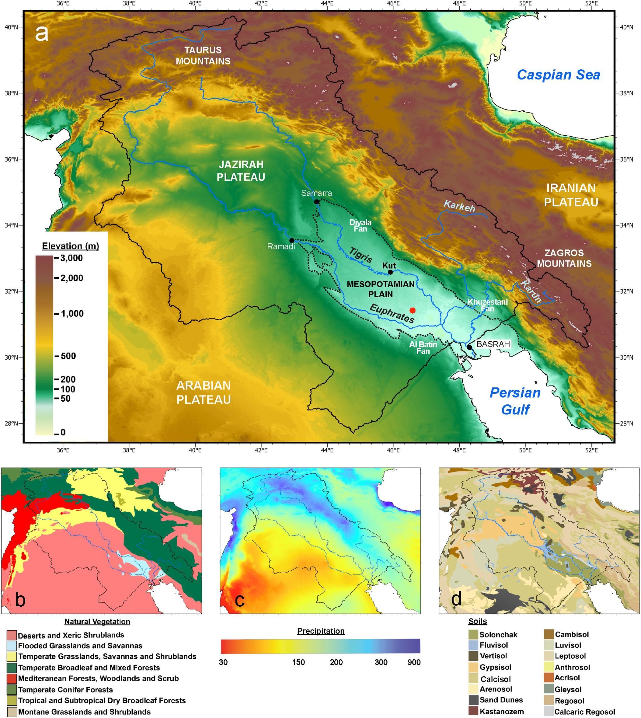 Geografía de la llanura mesopotámica (línea negra discontinua) y su cuenca hidrográfica conjunta (línea negra).