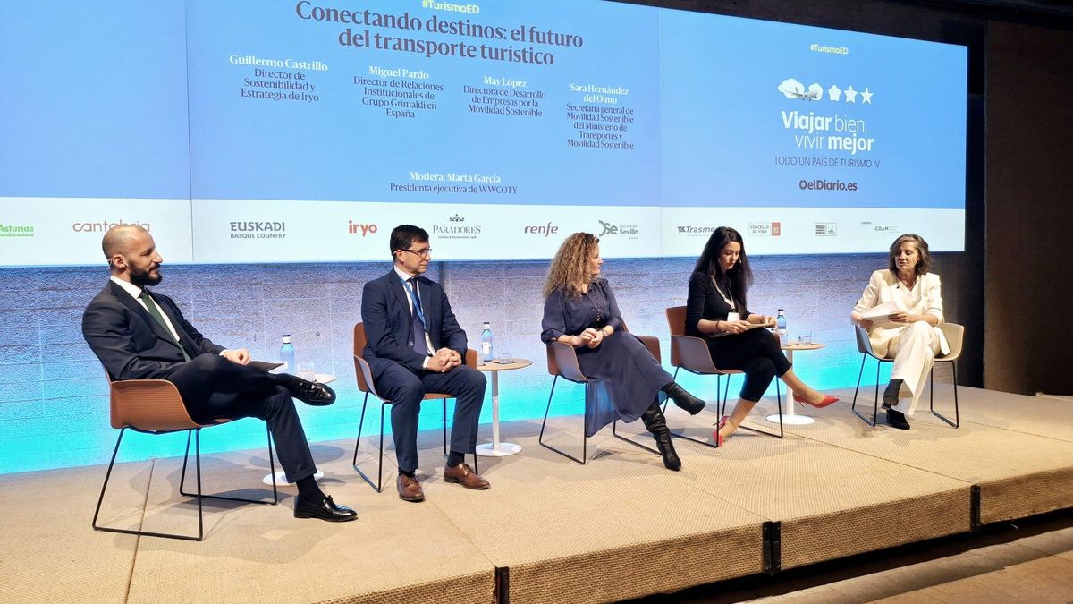 De derecha a izquierda: Marta García, presidenta ejecutiva de WWCOTY; Sara Hernández del Olmo, secretaria general de Movilidad Sostenible del Ministerio de Transportes y Movilidad Sostenible; May López, directora de Desarrollo de Empresas por la Movilidad Sostenible; Miguel Pardo, director de Relaciones Institucionales de Grupo Grimaldi en España; y Guillermo Castrillo, director de Sostenibilidad y Estrategia de Iryo.