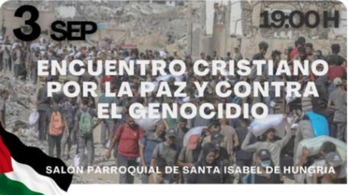 Cartel del 'Encuentro cristiano por la paz y contra el genocidio'.