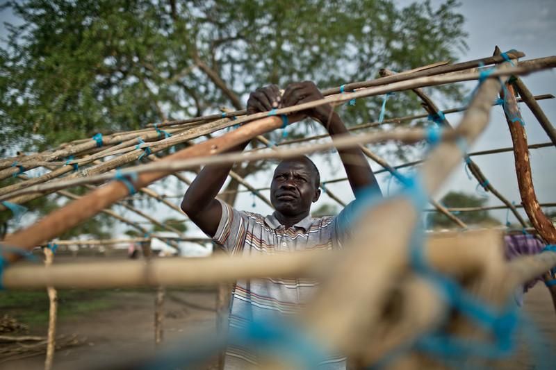 Majok Deng construyendo su casa en el campo de desplazados de Mingkaman. Era profesor en una escuela cerca de Duk (Estado de Jonglei). La escuela cerró. Llegó en abril de 2014 al campo de desplazados de Mingkaman (Estado de Lakes) y está construyendo un refugio con palos que ha recogido en el bosque y una red donde vivirá con su esposa y 5 hijos. El campo de desplazados de Mingkaman, en Awerial, se ha convertido en refugio para casi 100.000 personas, principalmente de la etnia dinka, que huyeron de los enfrentamientos violentos en el estado de Jonglei, principalmente de la ciudad de Bor. Las personas que llegan necesitan agua, comida y un techo dónde refugiarse. Sudán del Sur afronta una grave crisis a causa de la violencia que se desató en diciembre de 2013 entre las fuerzas leales al presidente Salva Kiir, y los combatientes aliados al ex vicepresidente Riek Machar. Cerca de un millón de personas han tenido que abandonar sus hogares a causa de los enfrentamientos y se han quedado sin medios propios para alimentarse. Un tercio de la población sufre inseguridad alimentaria./ Pablo Tosco/Oxfam Intermón