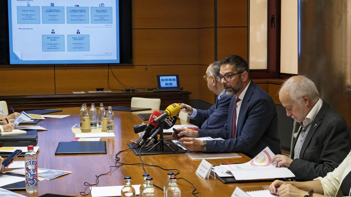 El presidente y el vicepresidente de Excelcan, Santiago de Armas (derecha) y José Carlos Francisco (izquierda), y el director de consultoría de Corporación 5, José Miguel González (centre), en la presentación este martes del informe sobre la situación del sector en el primer trimestre de 2026.