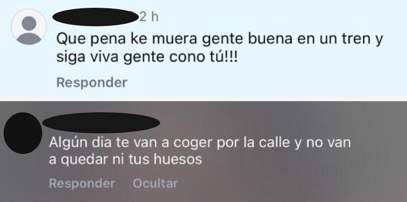 Algunas de las amenazas recibidas por Elena Reinés en comentarios de Instagram.