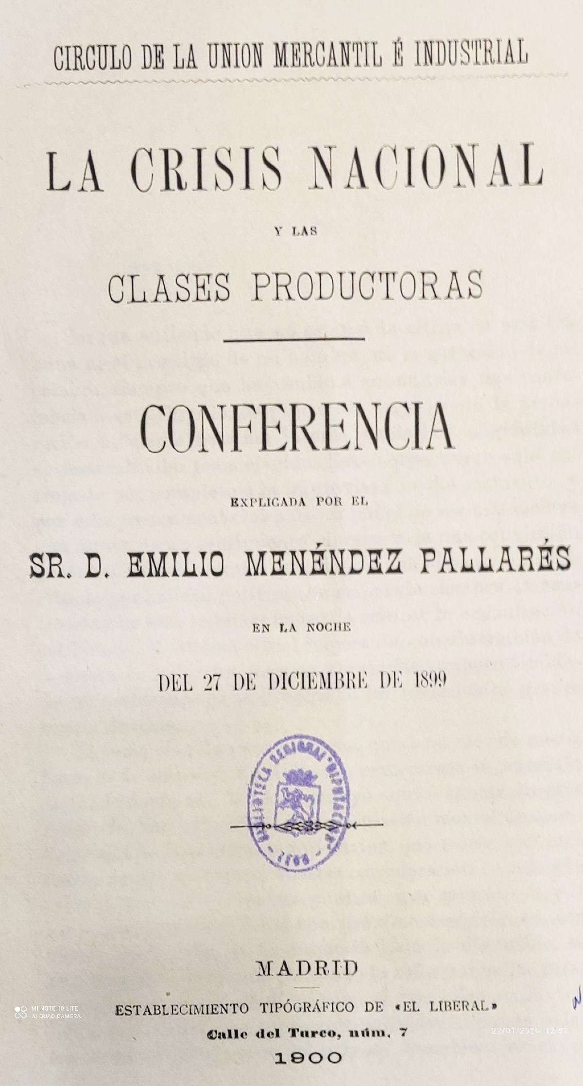 Edición de la conferencia de Emilio Menéndez Pallarés en 1899.