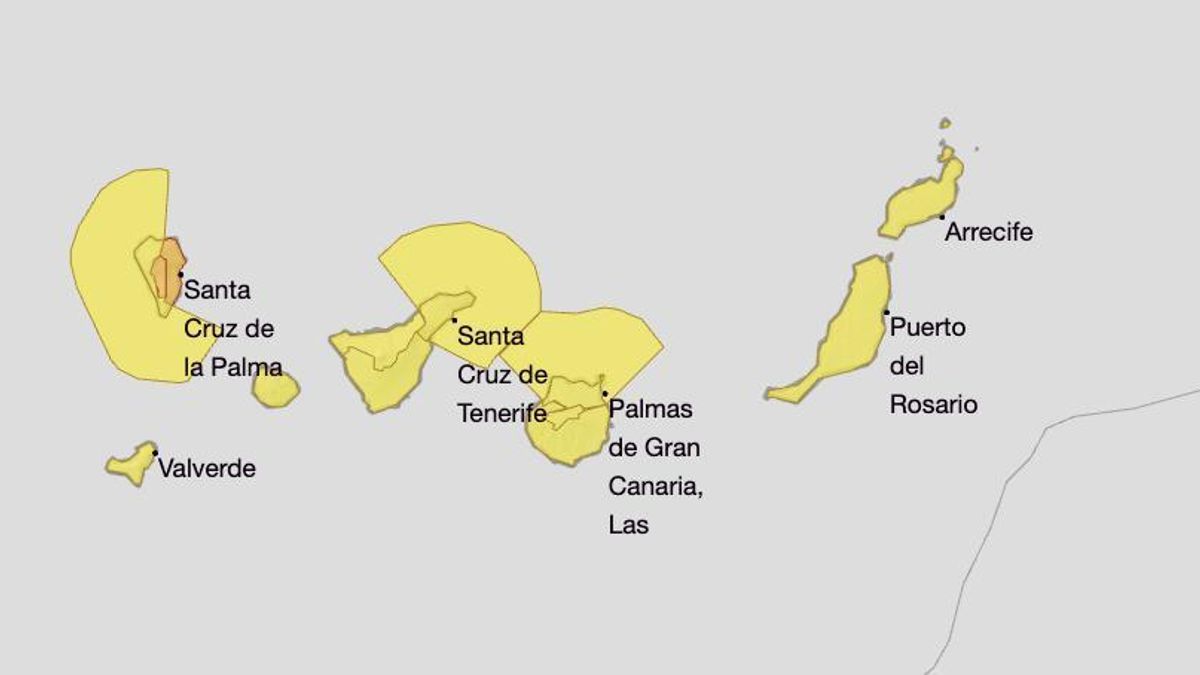 Mapa de la Aemet de los avisos por lluvia, tormentas, viento y fenómenos costeros.