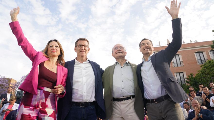 Núñez Feijóo y Juan Manuel Moreno respaldan al alcalde de Málaga y candidato a la reelección, Francisco de la Torre, en el mitin de este viernes
