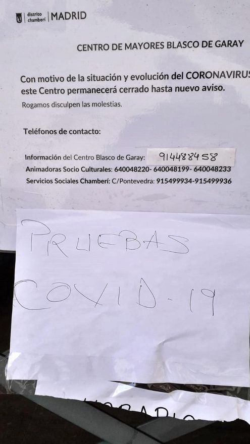 Cartel anunciando las pruebas de Covid-19 en Blasco de Garay