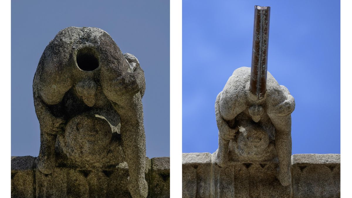 Una de las gárgolas del Hostal dos Reis Católicos, antes y después del "empalamiento"