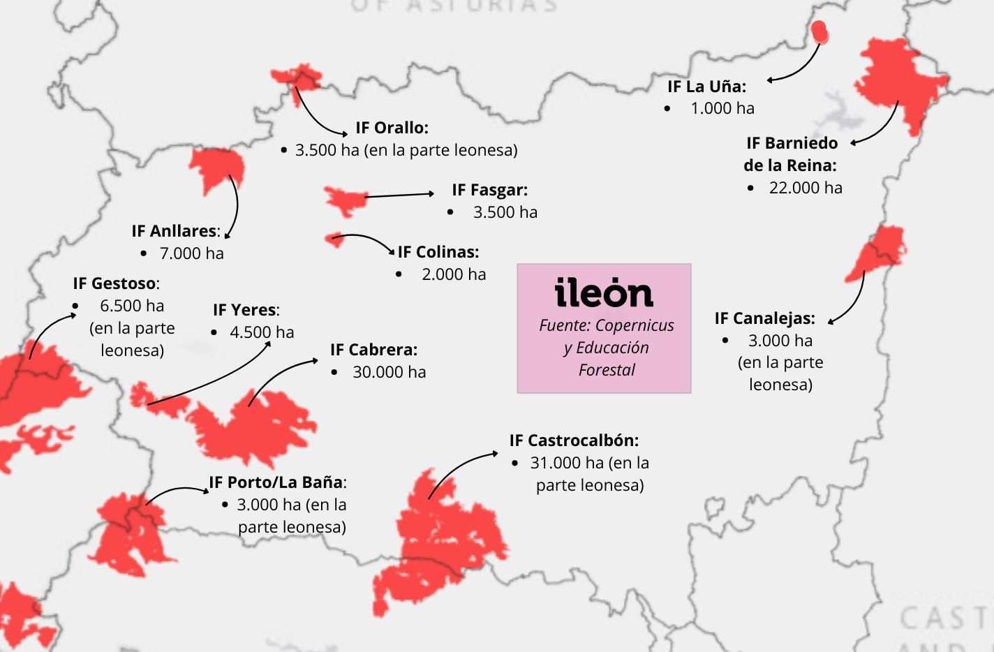 Mapa de la superficie máxima afectada por los incendios de la provincia de León. Datos provisionales de Copernicus y Educación Forestal.