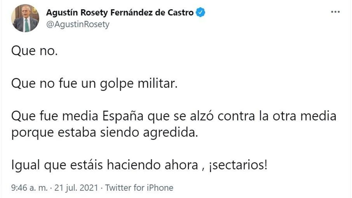 Captura del comentario del diputado de Vox Agustín Rosety en Twitter