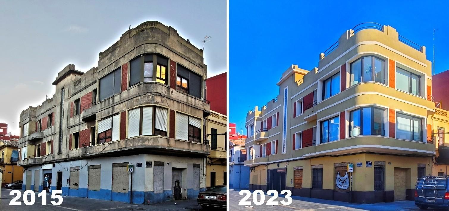 La herencia recibida: edificio del arquitecto Víctor Gosálvez, que en 2015 iba a ser derribado y que, tras ser rehabilitado, en 2023 pasó a estar protegido y ser sede de las oficinas del Plan Cabanyal-Canyamelar.