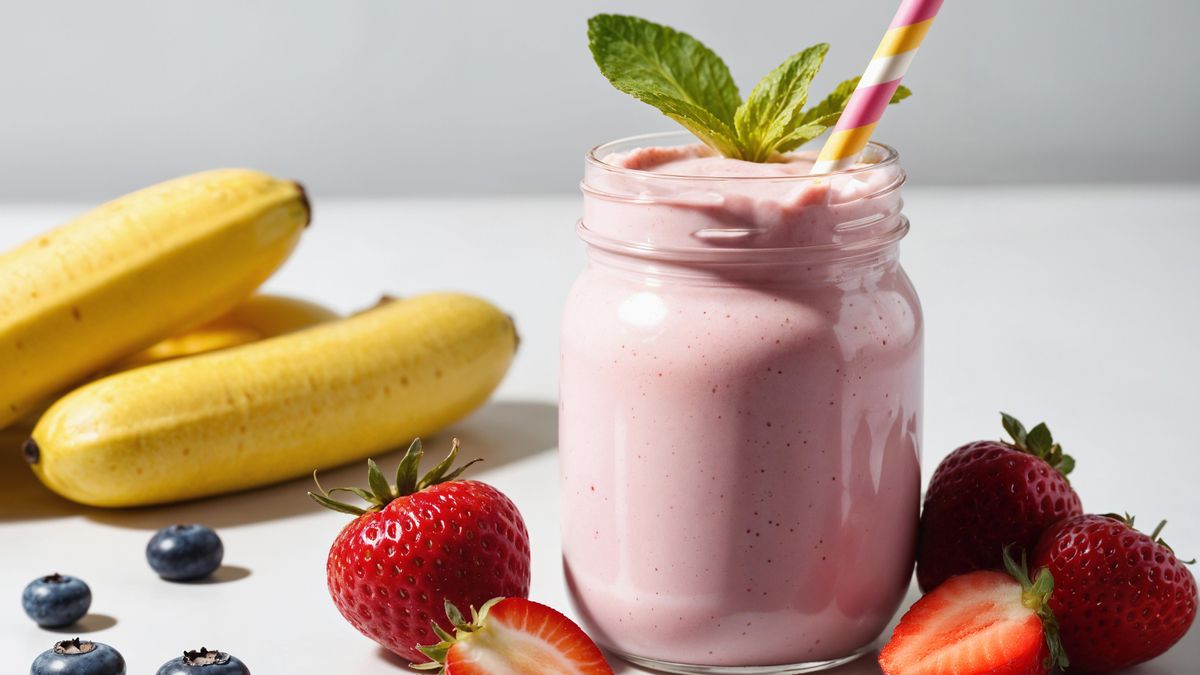 Batido de yogur con fresa, arandanos y platano