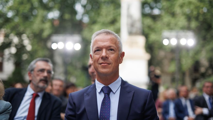 El presidente del Senado, Ander Gil, durante el acto institucional del Día de Europa conmemorativo del LXXIII aniversario de la Declaración de Schuman, en la Plaza de la Marina Española en la Cámara Alta, a 8 de mayo de 2023, en Madrid (España).